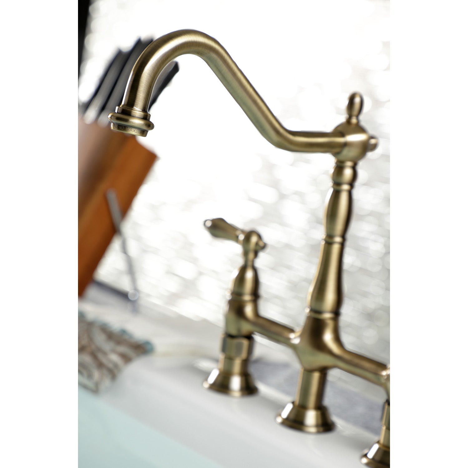 Kingston Heirloom KS1273ALBS - Heritage Two-Handle 4-Hole Deck Mount Bridge Kitchen Faucet with Brass Sprayer, Antique Brass — thumbnail 3